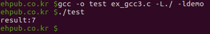 $ gcc -o test ex_gcc3.c -L./ -ldemo